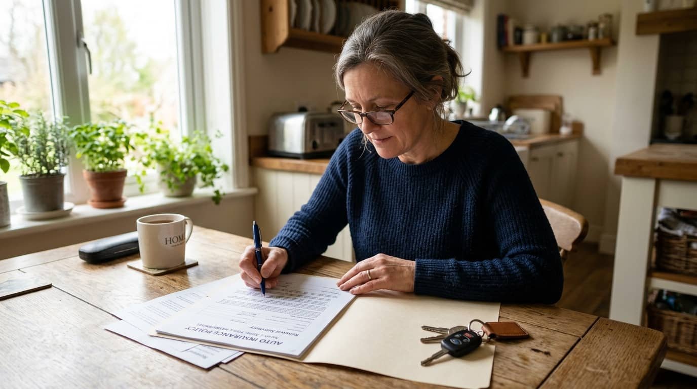 Used car buyer reviewing insurance paperwork for an article answering does a rebuilt title affect insurance
