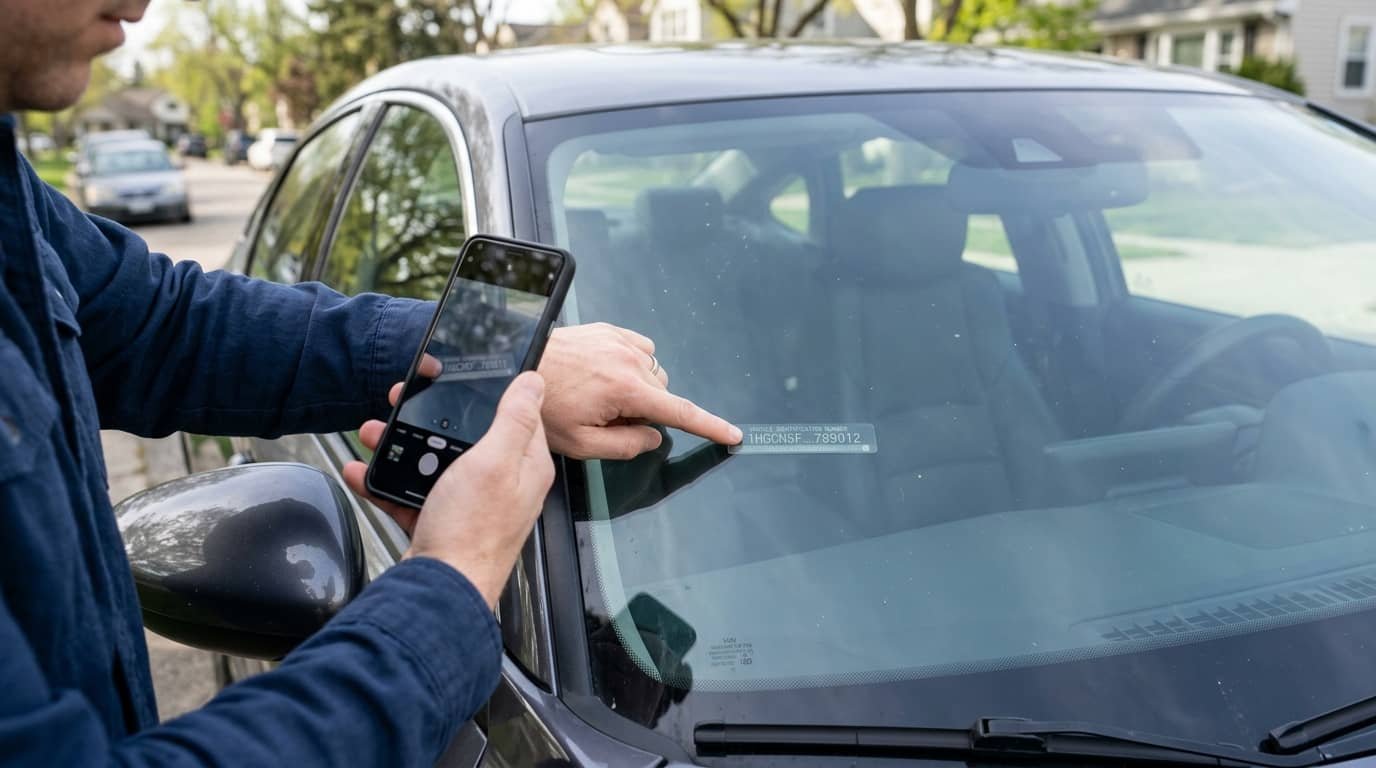 Man photographing VIN plate through windshield when seller won't give VIN