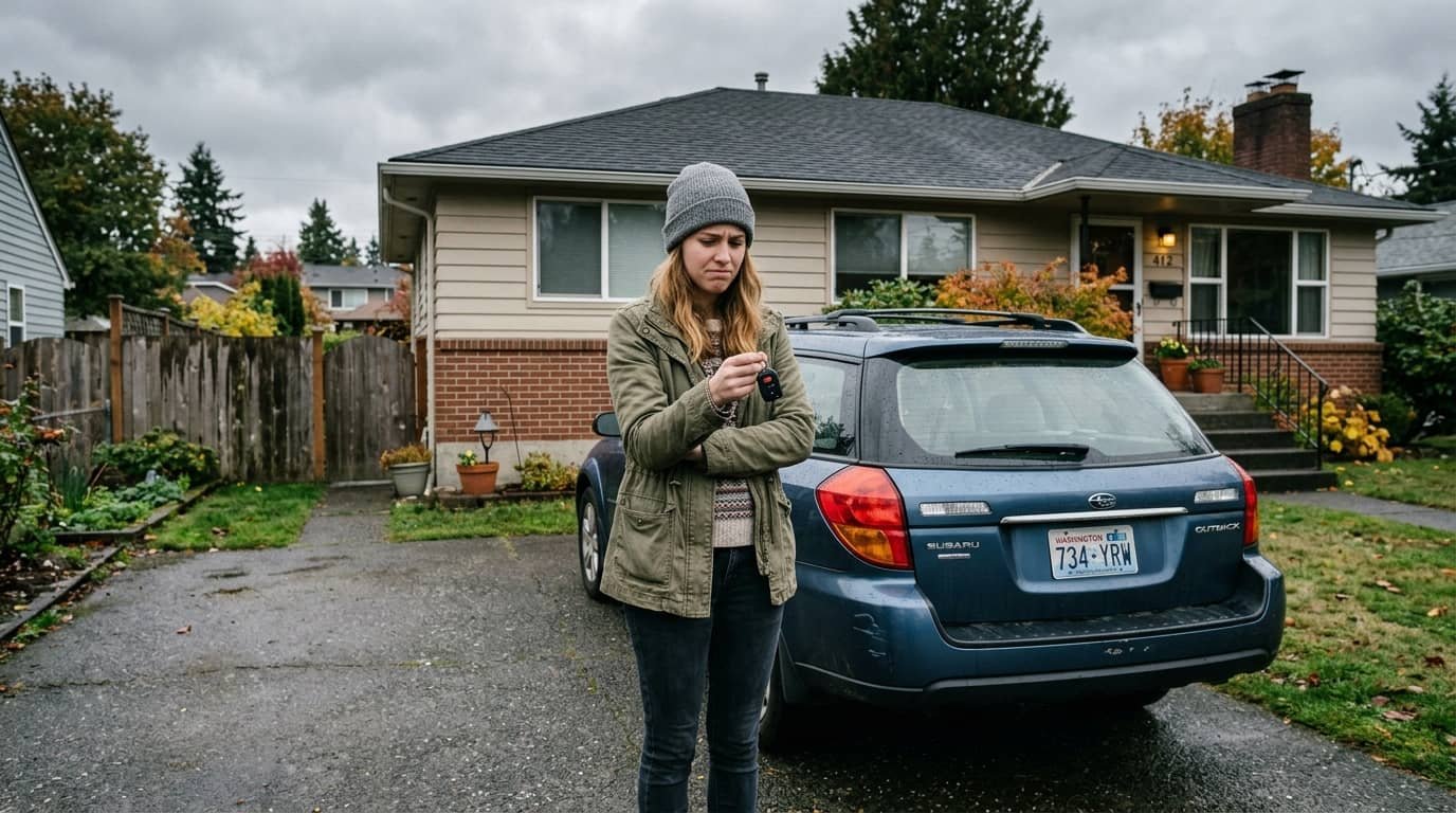 Person looking uncertain beside a used car showing the risks of buying a car with no title