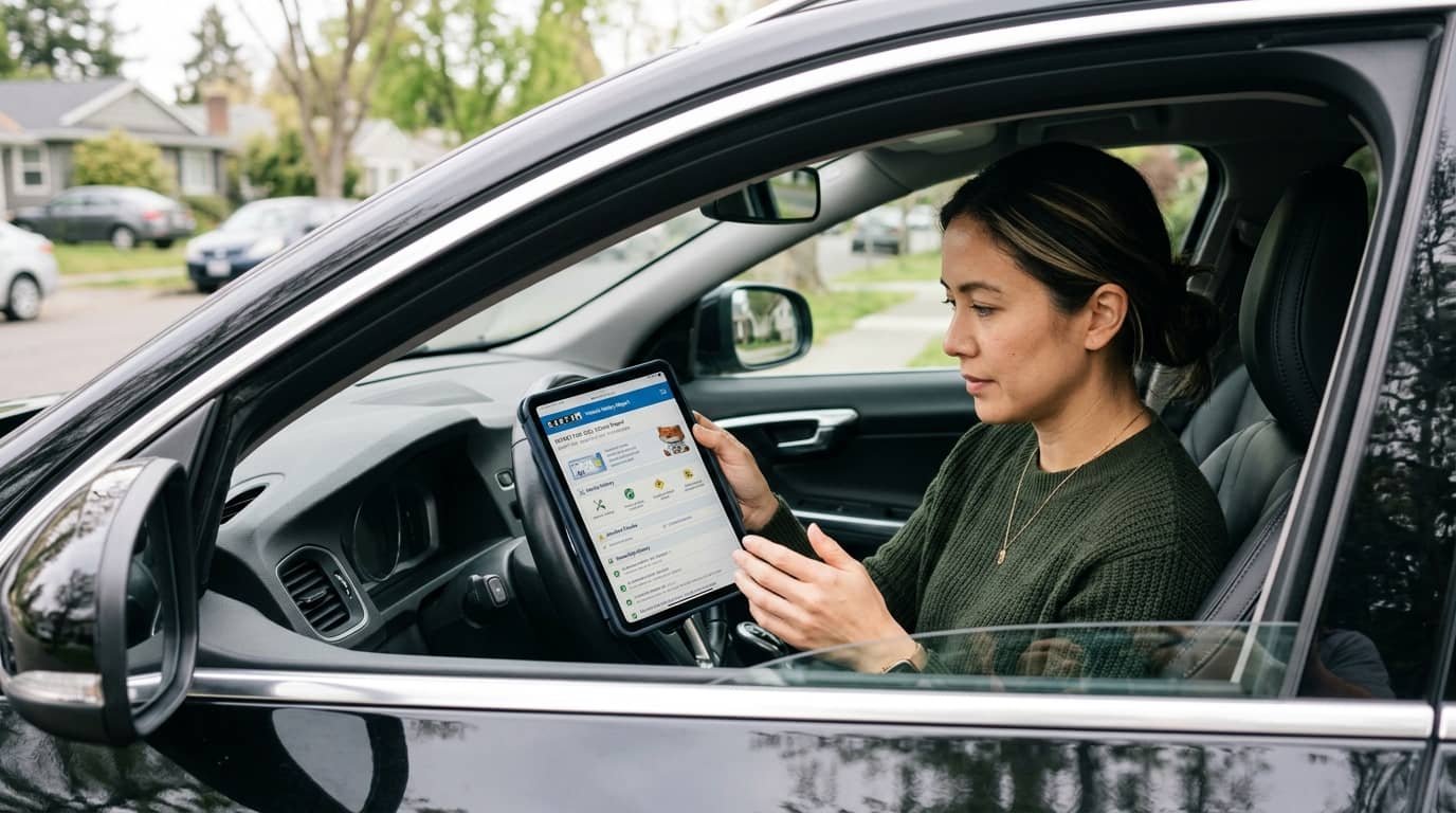 Used car buyer reviewing a vehicle history report on a tablet for an article answering can a VIN check show accidents