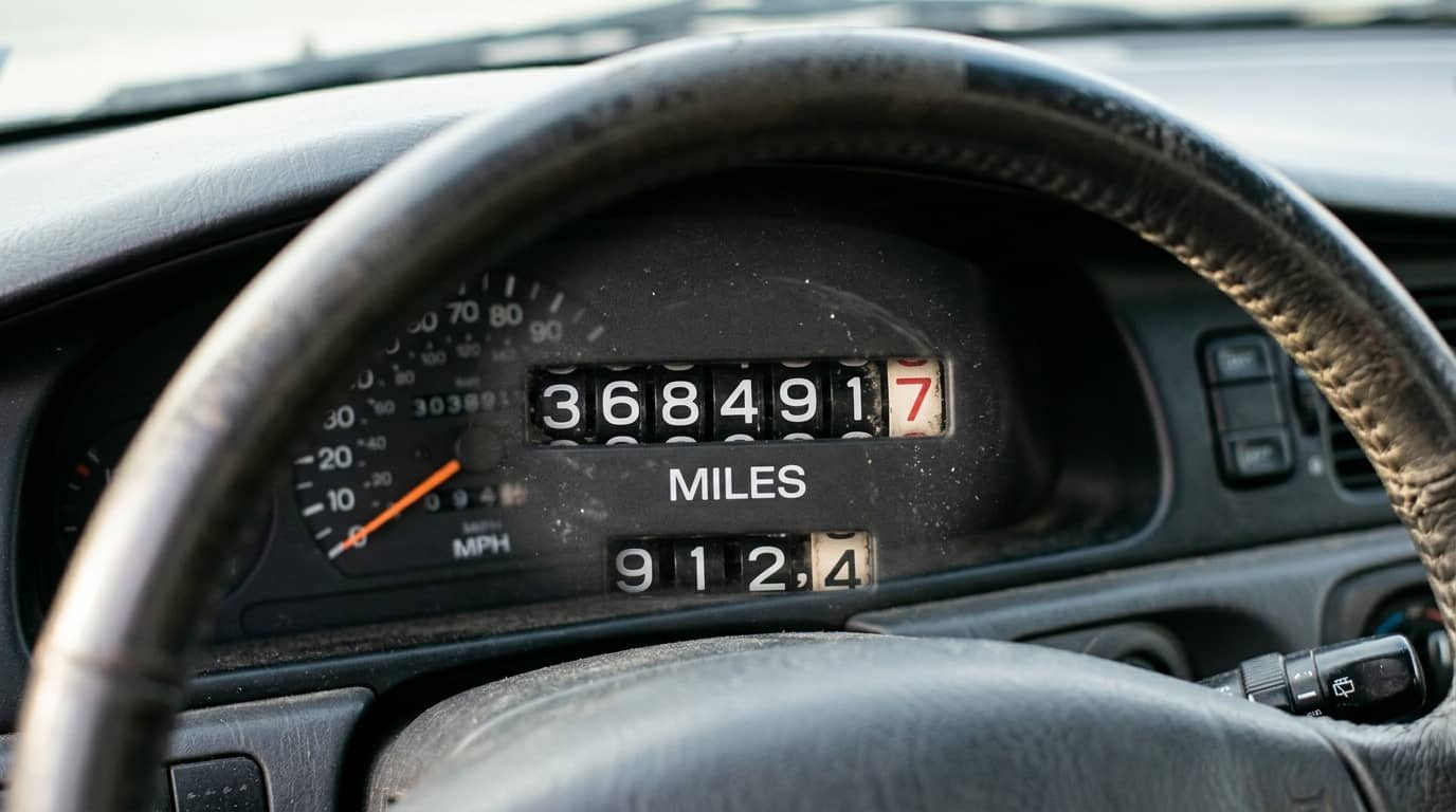 Close-up of a used car odometer for an article answering can a VIN check show mileage