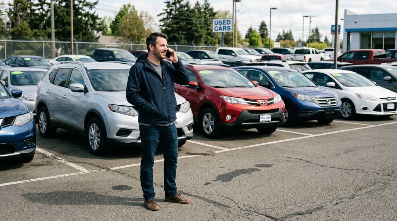 Used car buyer calling an insurer at a dealership for an article about can you get full coverage on a rebuilt title