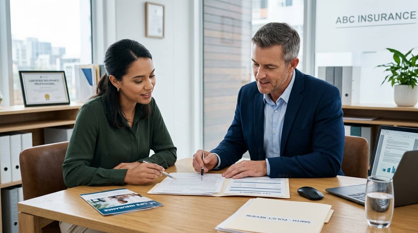 Car owner reviewing insurance paperwork with an agent for an article answering can you insure a salvage title car