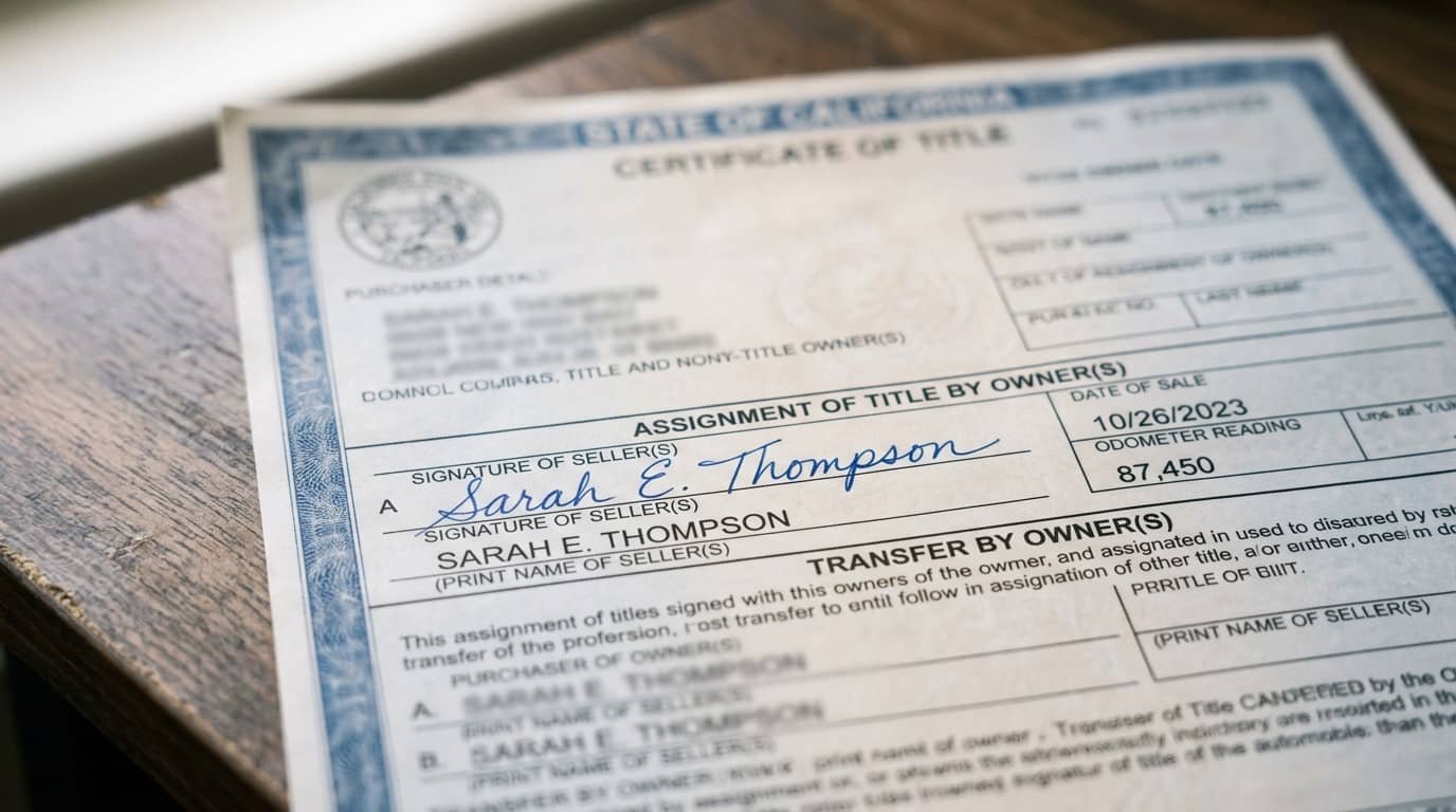 Signed car title document showing what happens when a car title is signed but never transferred