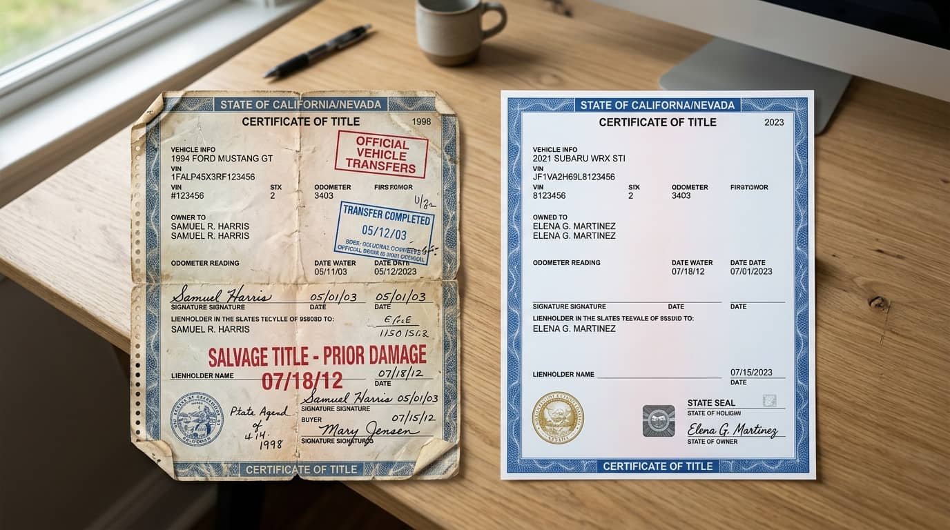 Two car title documents side by side comparing a clean title vs salvage title