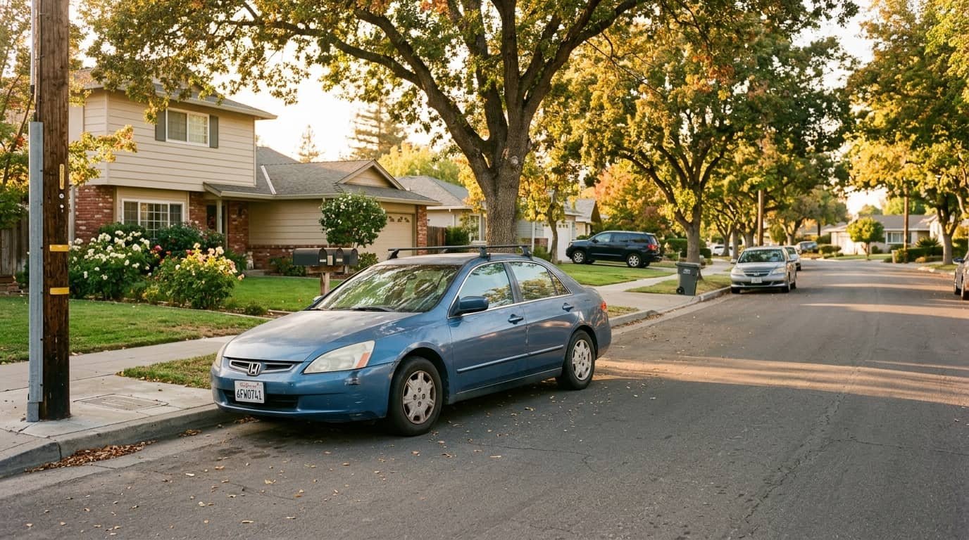 Blue older used car parked on a quiet suburban street for an article about how many miles is too many on a used car