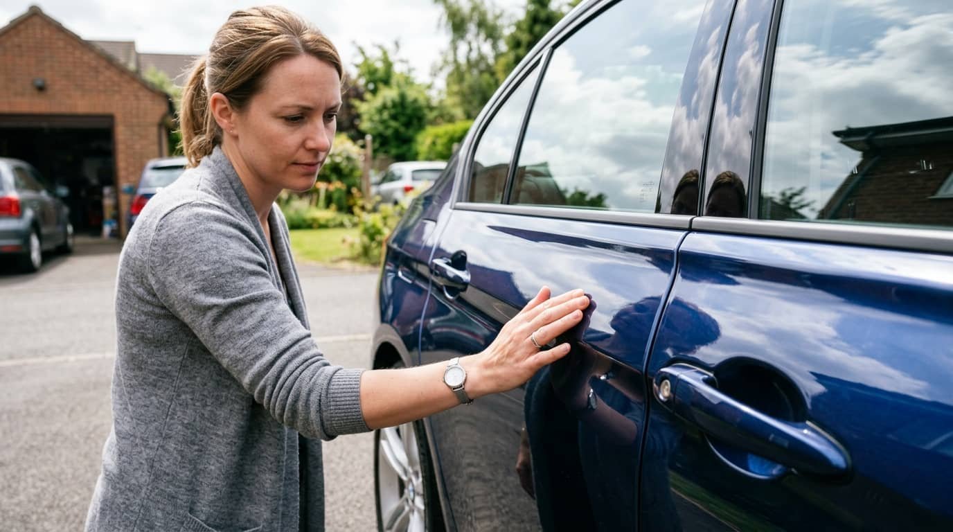 Person examining car paint panel showing how to check if a car has been in an accident