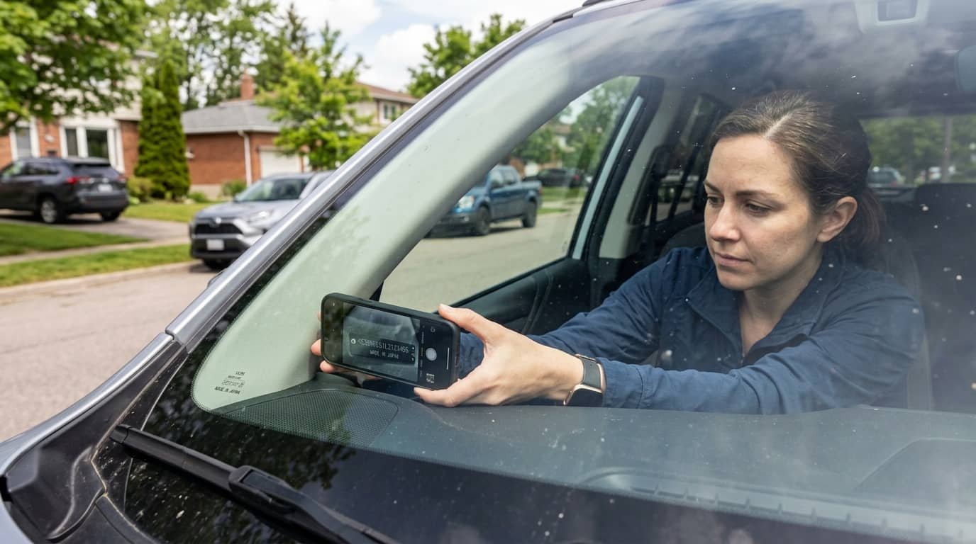 Person photographing VIN plate with smartphone showing how to do a VIN check on a used car