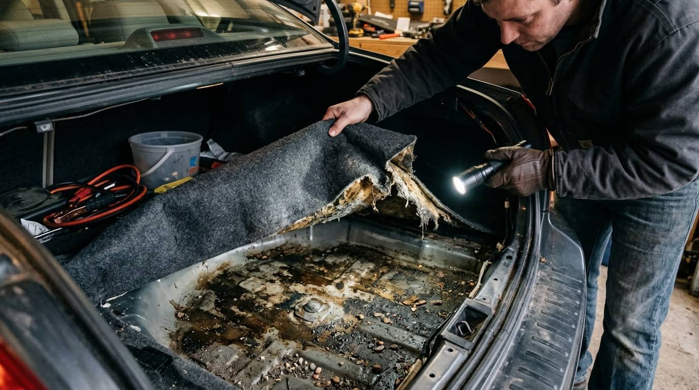 Person pulling back trunk carpet revealing water damage showing how to spot a flood damaged car