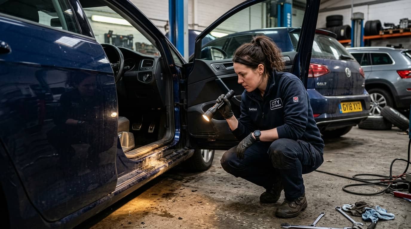 Mechanic inspecting a car interior with a flashlight for signs of water damage, showing how to tell if a car was flooded