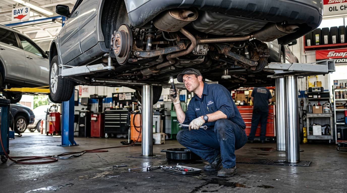Mechanic inspecting the underside of a used car on a lift for an article answering is a rebuilt title bad