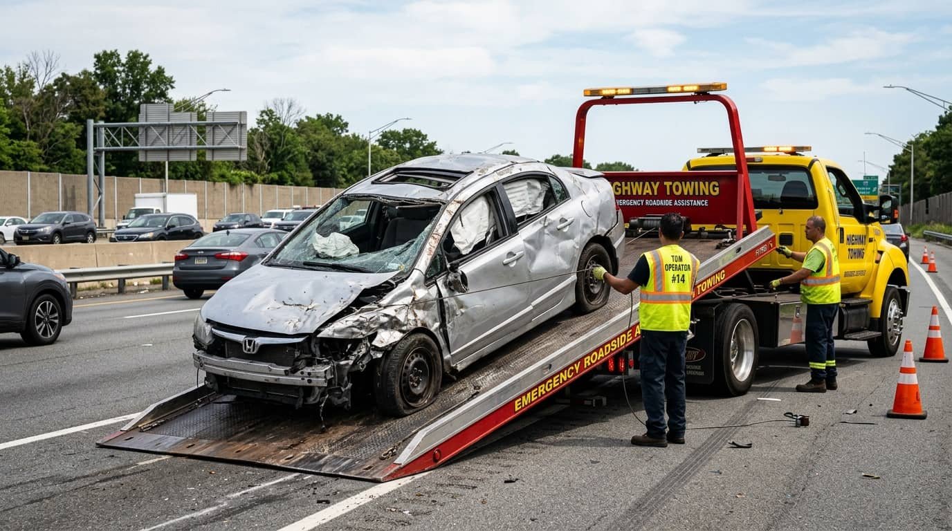 Badly damaged car being loaded onto a tow truck for an article answering is a salvage title bad