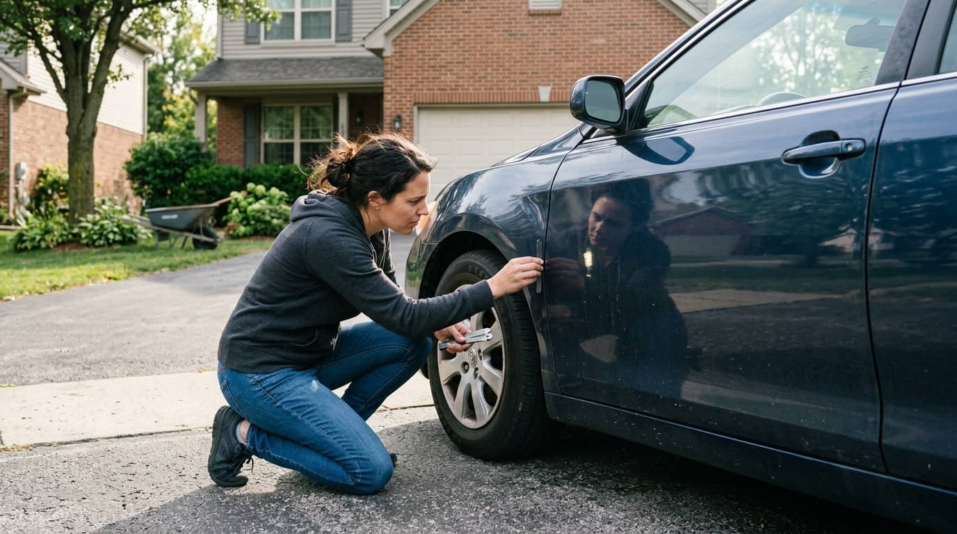 Person inspecting used car body panels showing red flags when buying a used car from a private seller