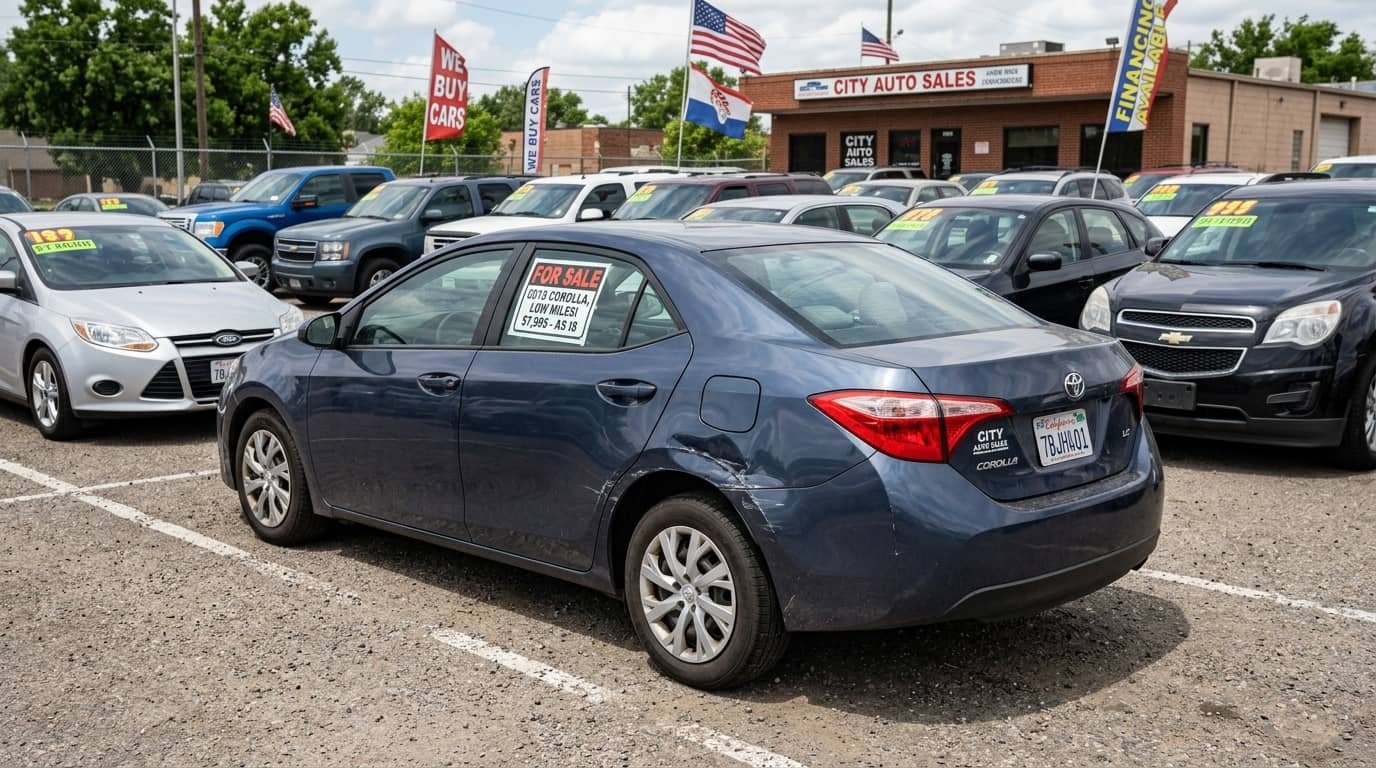 Used car with visible body damage at a car lot for an article answering should I buy a car with accident history