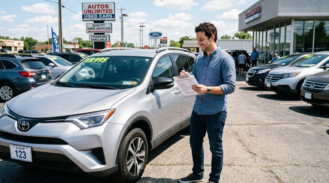 Person with checklist beside used car on dealer lot using a used car buying checklist before purchase