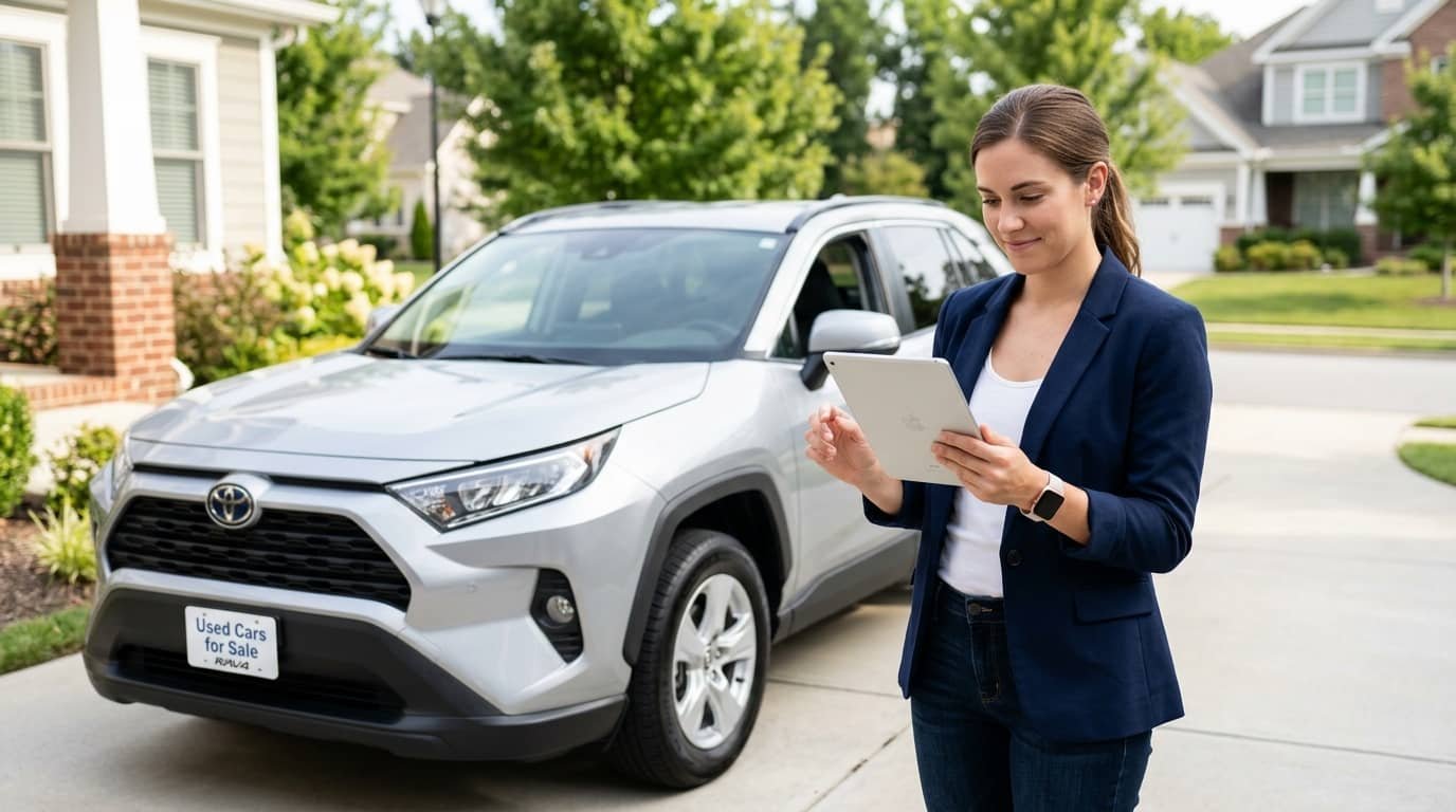 Used car buyer reviewing vehicle history on a tablet before buying a used car