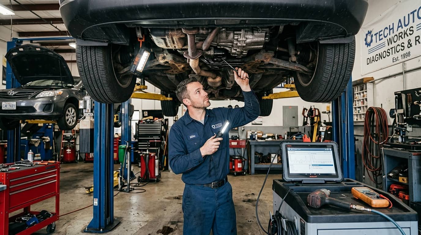 Mechanic inspecting raised car on lift showing what a used car pre-purchase inspection covers