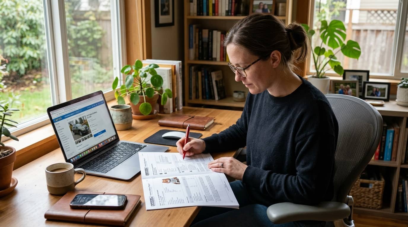Used car buyer reviewing paperwork and a vehicle listing for an article explaining what does a vehicle history report show