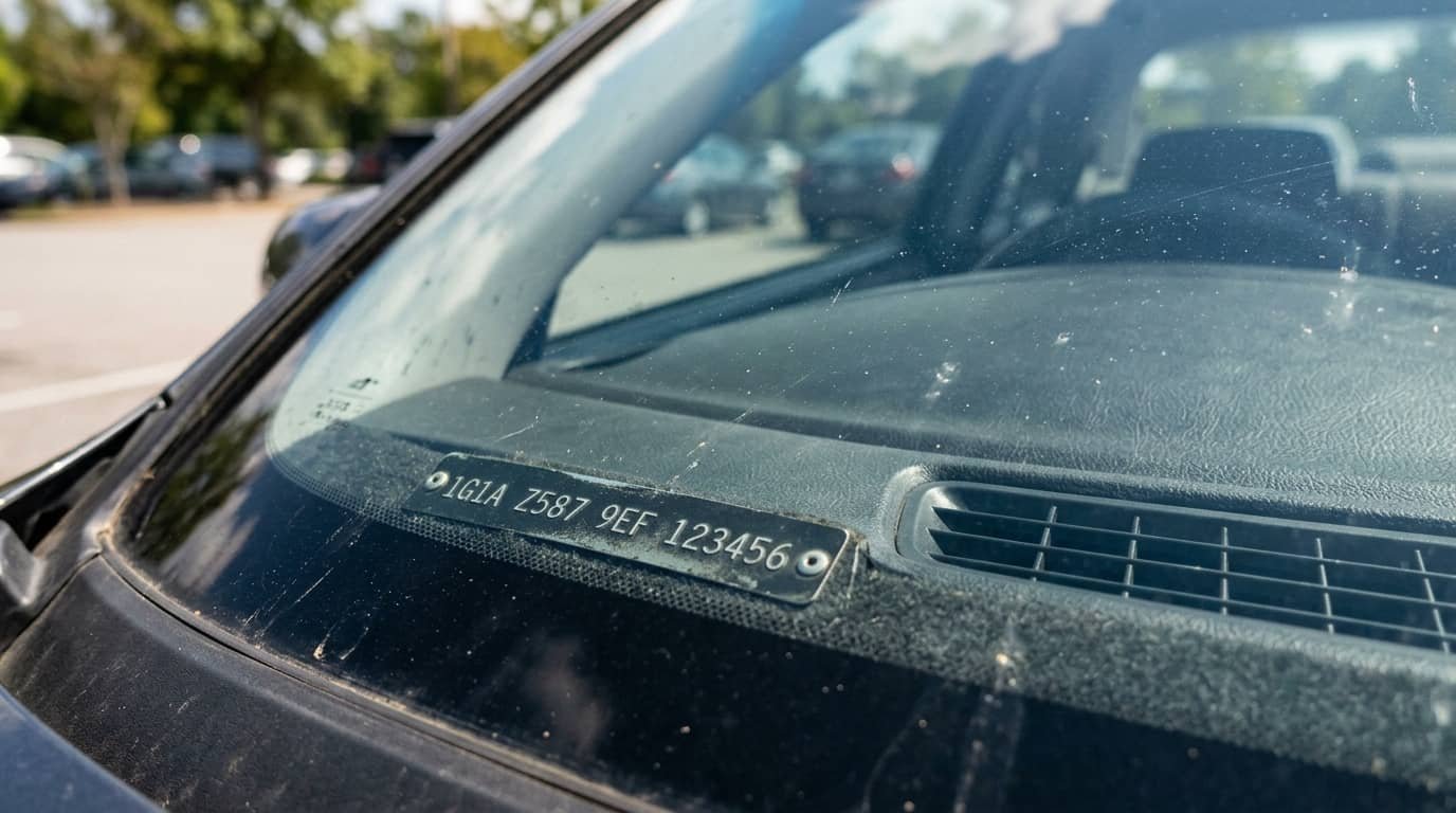 VIN plate visible through a car windshield for an article explaining what does a VIN check show