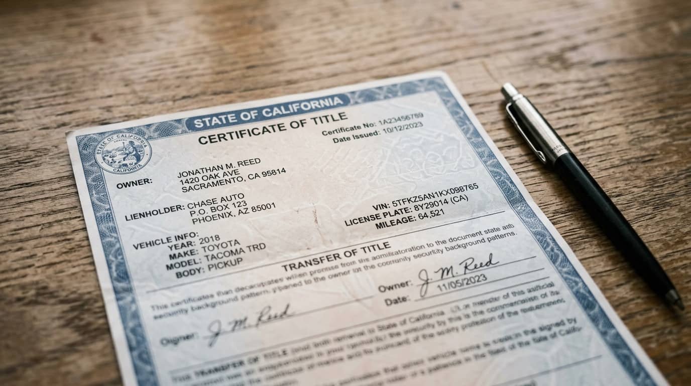 Vehicle title document on a desk explaining what is a branded title