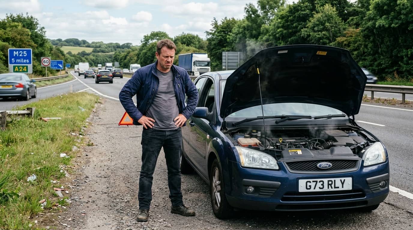 Driver standing beside a broken-down car on the highway for an article explaining what is a lemon law title