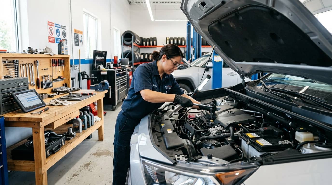 Mechanic inspecting a used car engine in a repair shop for an article explaining what is a rebuilt title