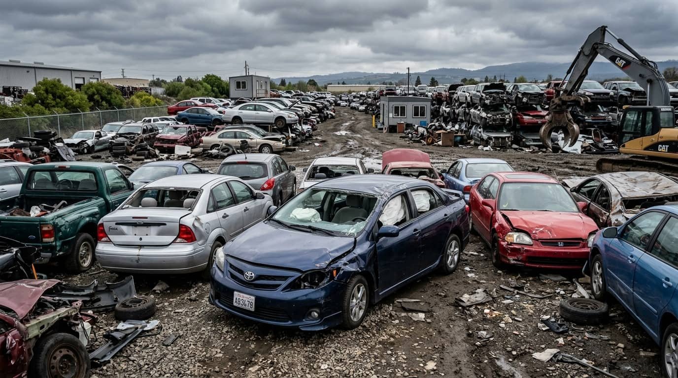 Damaged cars in a salvage yard for an article explaining what is a salvage title